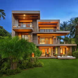 A grand duplex villa with an expansive, well-furnished balcony, set in a lush landscape.