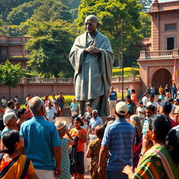 A vibrant photo capturing a large statue of Mahatma Gandhi, set in a scenic public space in India, surrounded by a diverse group of people of all ages, including families, children, and elderly, all gazing up at the statue with enthusiasm and admiration