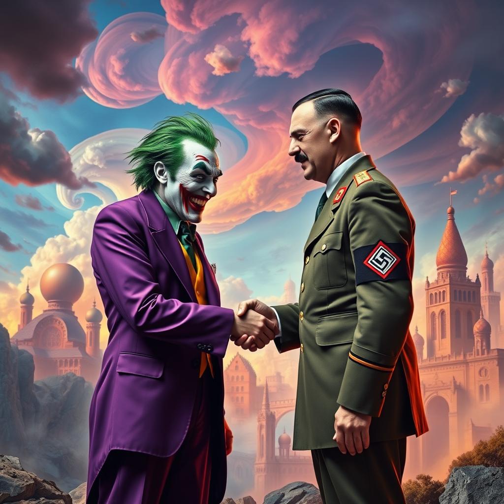 A surreal fantasy scene depicting two iconic characters, the Joker and Adolf Hitler, shaking hands in a dramatic, colorful landscape