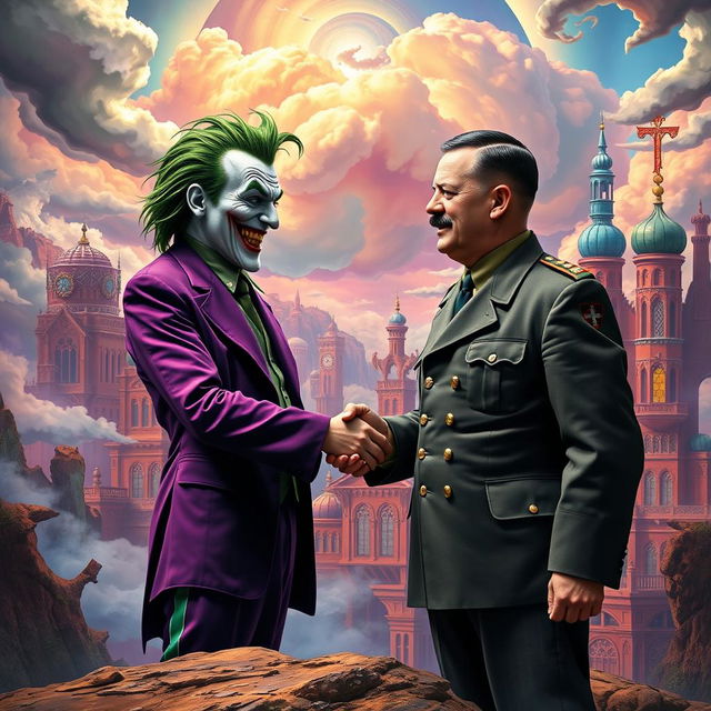 A surreal fantasy scene depicting two iconic characters, the Joker and Adolf Hitler, shaking hands in a dramatic, colorful landscape