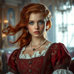 A stunning 17-year-old Russian princess, adorned in an intricate old royal Russian dress, featuring rich textures and ornate details