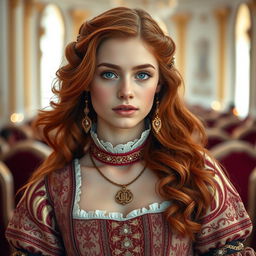 A stunning 17-year-old Russian princess, adorned in an intricate old royal Russian dress, featuring rich textures and ornate details