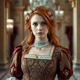 A stunning 17-year-old Russian princess, adorned in an intricate old royal Russian dress, featuring rich textures and ornate details