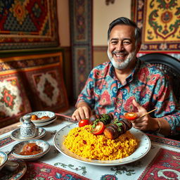 An Iranian man sitting at a traditional Persian table, enjoying a vibrant plate of saffron rice topped with grilled kebabs, garnished with fresh herbs and slices of tomato