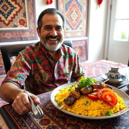 An Iranian man sitting at a traditional Persian table, enjoying a vibrant plate of saffron rice topped with grilled kebabs, garnished with fresh herbs and slices of tomato