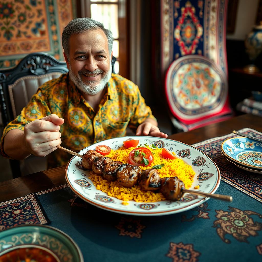 An Iranian man sitting at a traditional Persian table, enjoying a vibrant plate of saffron rice topped with grilled kebabs, garnished with fresh herbs and slices of tomato