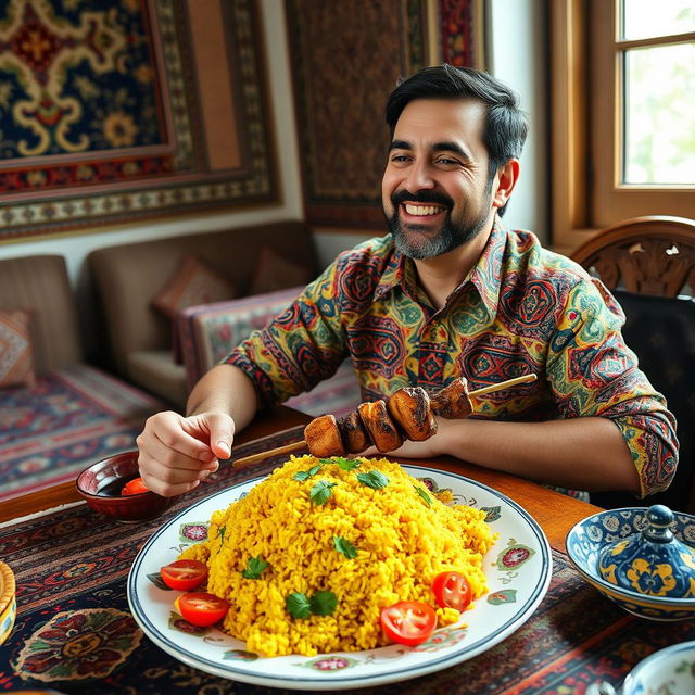 An Iranian man sitting at a traditional Persian table, enjoying a vibrant plate of saffron rice topped with grilled kebabs, garnished with fresh herbs and slices of tomato