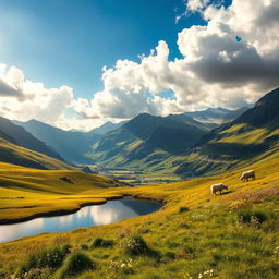 A breathtaking landscape showcasing a lush green valley surrounded by majestic mountains under a brilliant blue sky dotted with fluffy white clouds