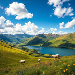 A breathtaking landscape showcasing a lush green valley surrounded by majestic mountains under a brilliant blue sky dotted with fluffy white clouds