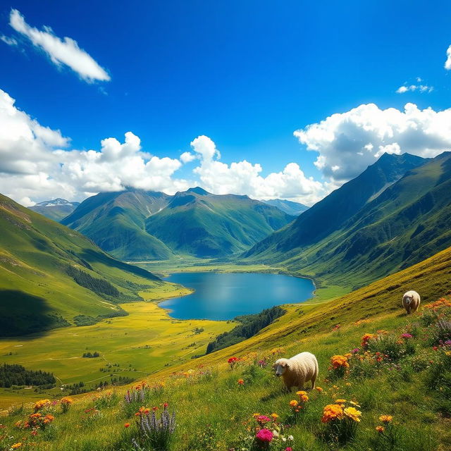 A breathtaking landscape showcasing a lush green valley surrounded by majestic mountains under a brilliant blue sky dotted with fluffy white clouds