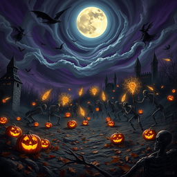 A dark, fantastical Halloween battlefield scene, where mythical creatures and iconic Halloween symbols clash in an epic war