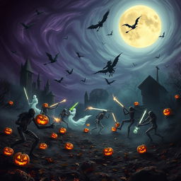 A dark, fantastical Halloween battlefield scene, where mythical creatures and iconic Halloween symbols clash in an epic war