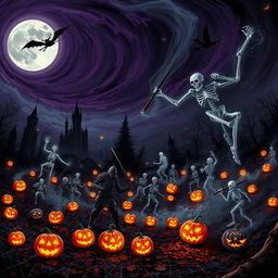 A dark, fantastical Halloween battlefield scene, where mythical creatures and iconic Halloween symbols clash in an epic war