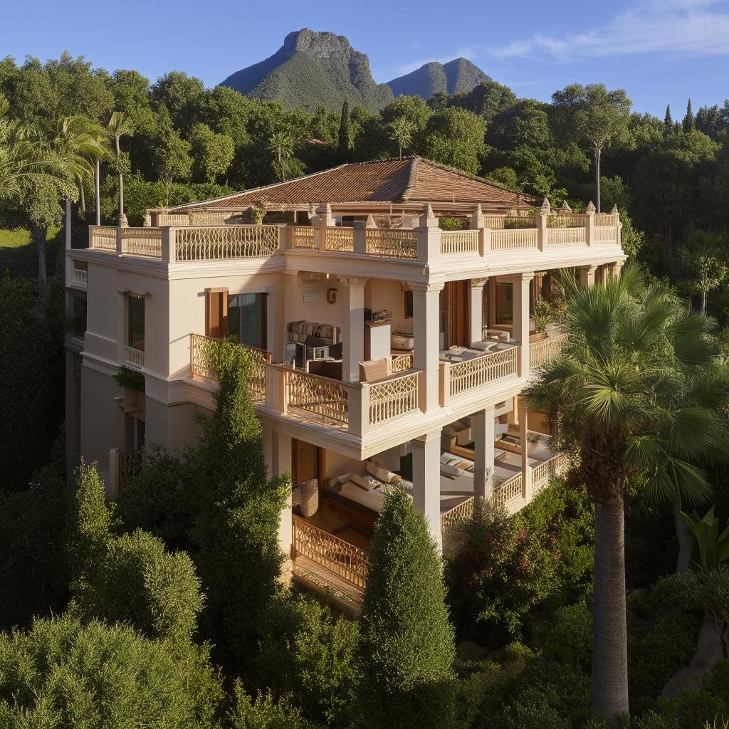 A grand duplex villa with an expansive, well-furnished balcony, set in a lush landscape.