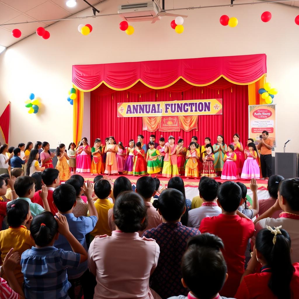 A vibrant school annual function scene with excited students dressed in colorful traditional costumes, performing on a beautifully decorated stage