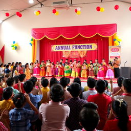 A vibrant school annual function scene with excited students dressed in colorful traditional costumes, performing on a beautifully decorated stage