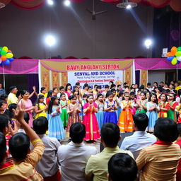 A vibrant school annual function scene with excited students dressed in colorful traditional costumes, performing on a beautifully decorated stage