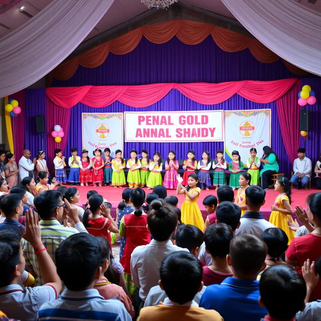 A vibrant school annual function scene with excited students dressed in colorful traditional costumes, performing on a beautifully decorated stage