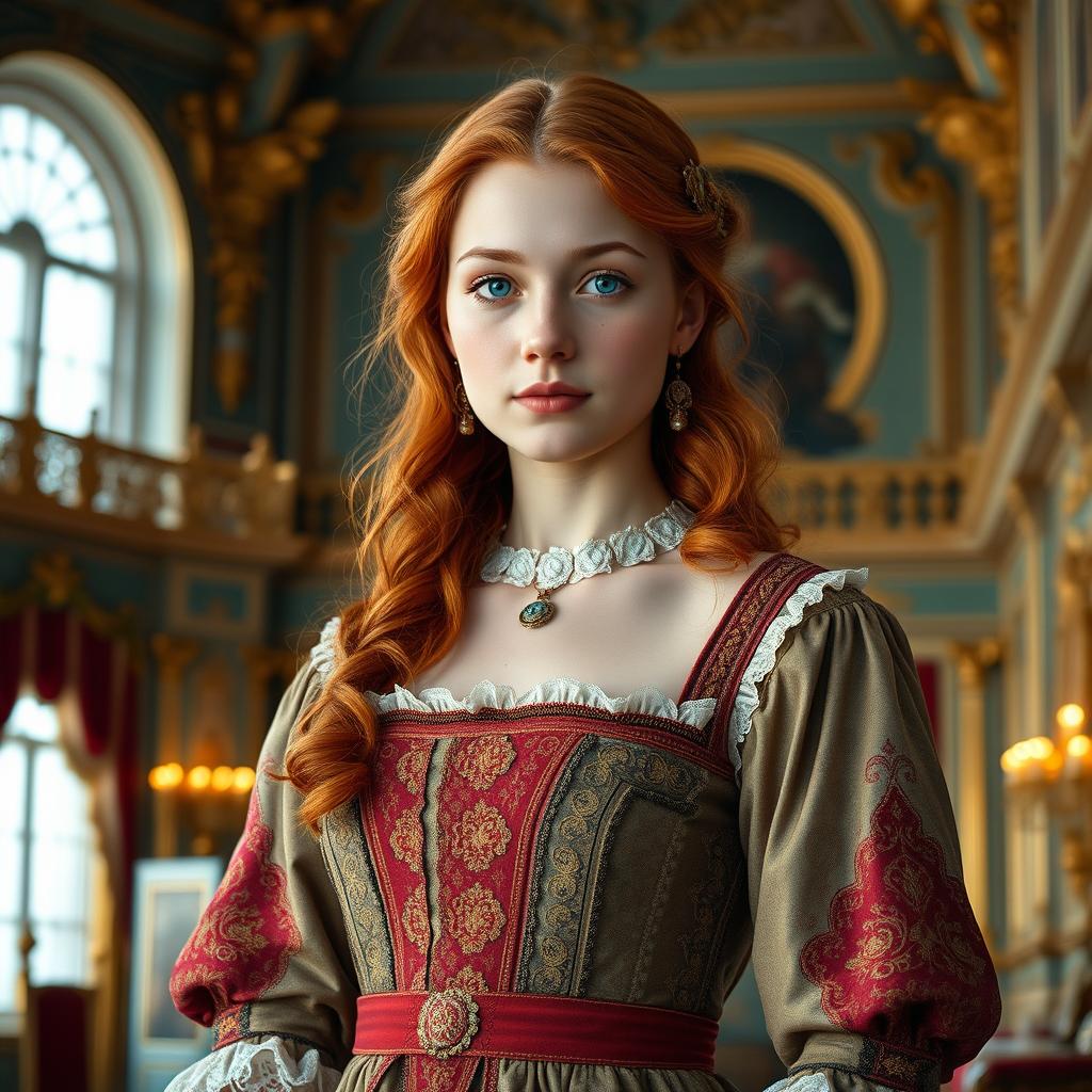 A beautiful 17-year-old Russian princess with striking blue eyes and vibrant red hair, elegantly dressed in an exquisite old royal Russian dress