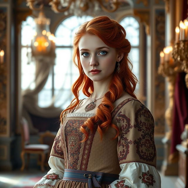 A beautiful 17-year-old Russian princess with striking blue eyes and vibrant red hair, elegantly dressed in an exquisite old royal Russian dress