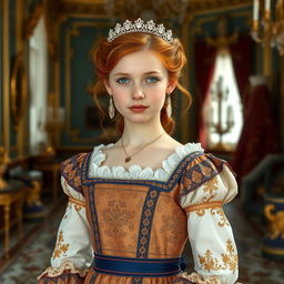 A beautiful 17-year-old Russian princess with striking blue eyes and vibrant red hair, elegantly dressed in an exquisite old royal Russian dress
