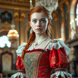 A beautiful 17-year-old Russian princess with striking blue eyes and vibrant red hair, elegantly dressed in an exquisite old royal Russian dress