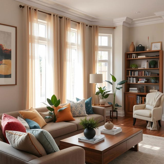 A cozy and stylish home interior featuring a modern living room with a plush sofa adorned with colorful throw pillows, a wooden coffee table with a decorative centerpiece, and a vibrant indoor plant