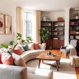 A cozy and stylish home interior featuring a modern living room with a plush sofa adorned with colorful throw pillows, a wooden coffee table with a decorative centerpiece, and a vibrant indoor plant