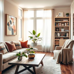A cozy and stylish home interior featuring a modern living room with a plush sofa adorned with colorful throw pillows, a wooden coffee table with a decorative centerpiece, and a vibrant indoor plant