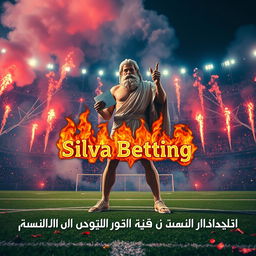 An electrifying scene on a football field ablaze with flares and fireworks, creating a vibrant and chaotic atmosphere