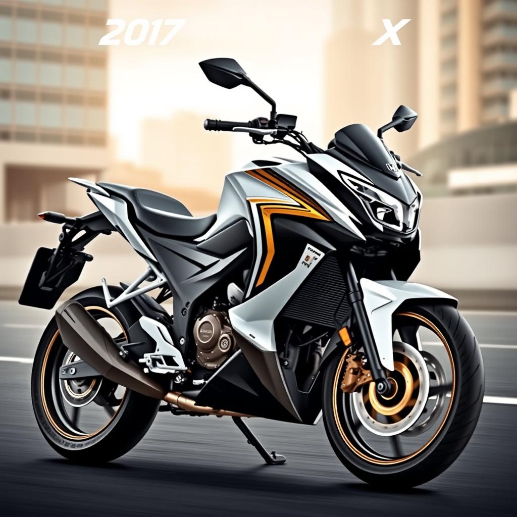 A sleek 2017 Zoomer X Honda motorcycle, showcasing its distinctive design and features, beautifully displayed with a color palette of white, black, and gold