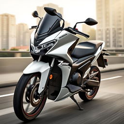 A sleek 2017 Zoomer X Honda motorcycle, showcasing its distinctive design and features, beautifully displayed with a color palette of white, black, and gold