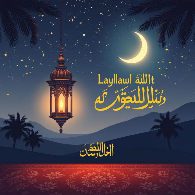 A beautifully illustrated scene depicting the mystique of Laylat al-Ragha'ib, featuring a serene night sky filled with twinkling stars and a glowing crescent moon