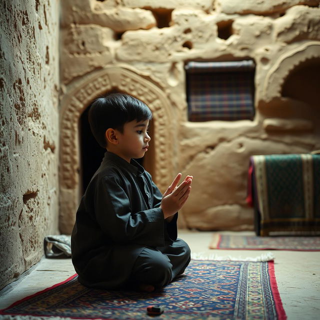 A young Iranian boy praying in a traditional mud-brick home, showcasing the architectural details of a rustic Iranian house with earthen walls and intricate patterns