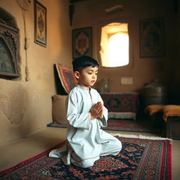 A young Iranian boy praying in a traditional mud-brick home, showcasing the architectural details of a rustic Iranian house with earthen walls and intricate patterns