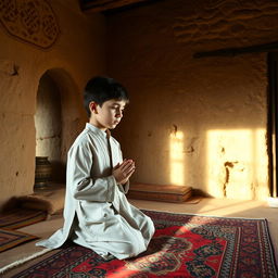A young Iranian boy praying in a traditional mud-brick home, showcasing the architectural details of a rustic Iranian house with earthen walls and intricate patterns