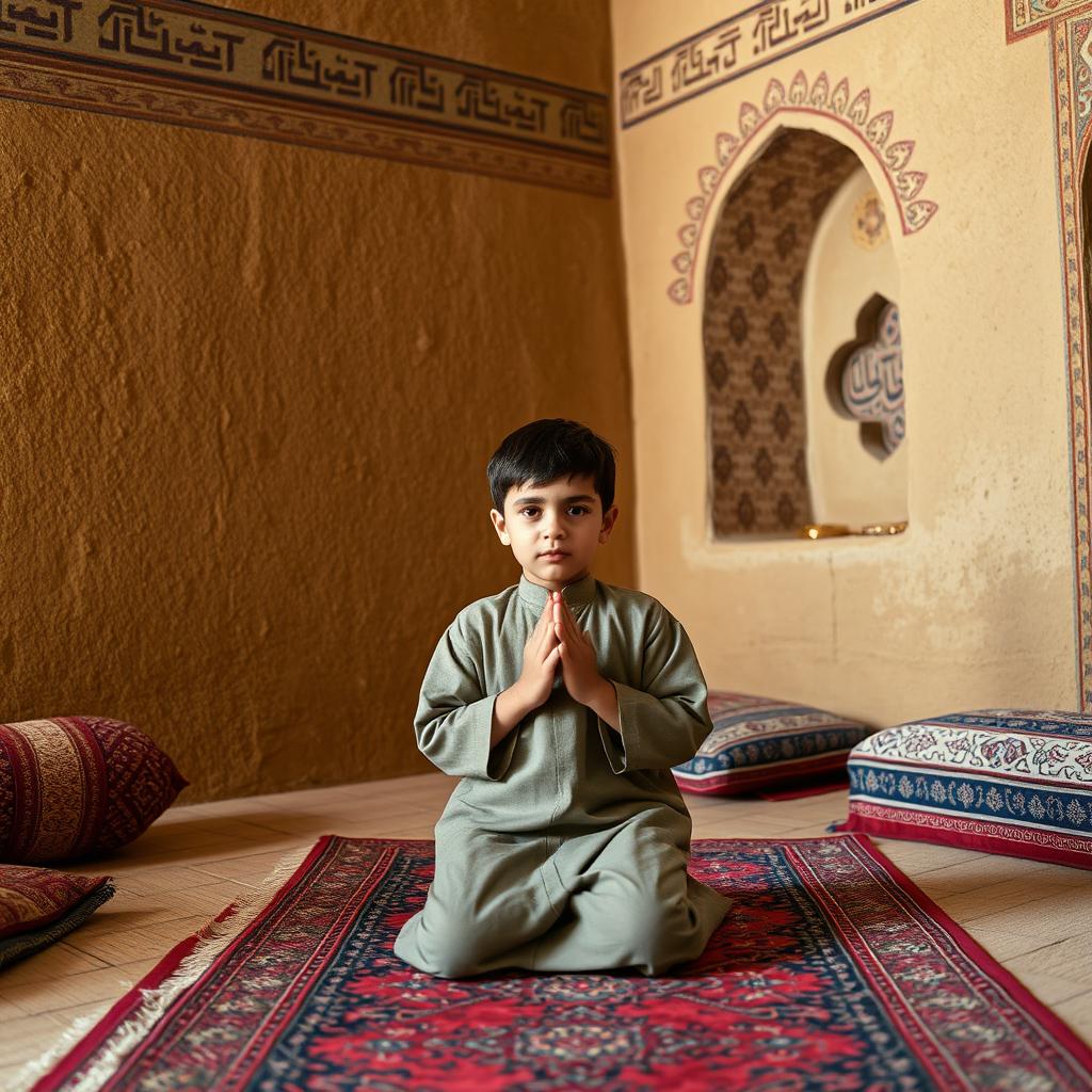 A young Iranian boy praying in a traditional mud-brick home, showcasing the architectural details of a rustic Iranian house with earthen walls and intricate patterns