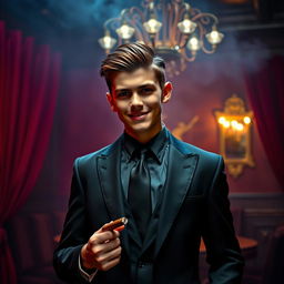 A stylish young mafia boy in a sleek black suit and tie, exuding confidence and charm