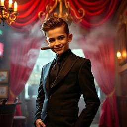 A stylish young mafia boy in a sleek black suit and tie, exuding confidence and charm