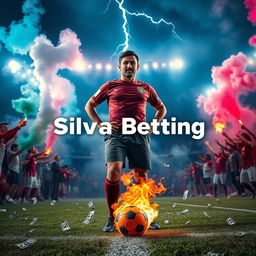Silva stands confidently in the center of a football field, surrounded by passionate fans igniting flares and smoke that fill the air with vibrant colors