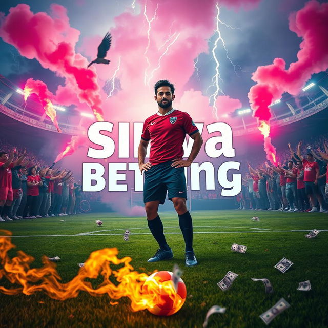 Silva stands confidently in the center of a football field, surrounded by passionate fans igniting flares and smoke that fill the air with vibrant colors