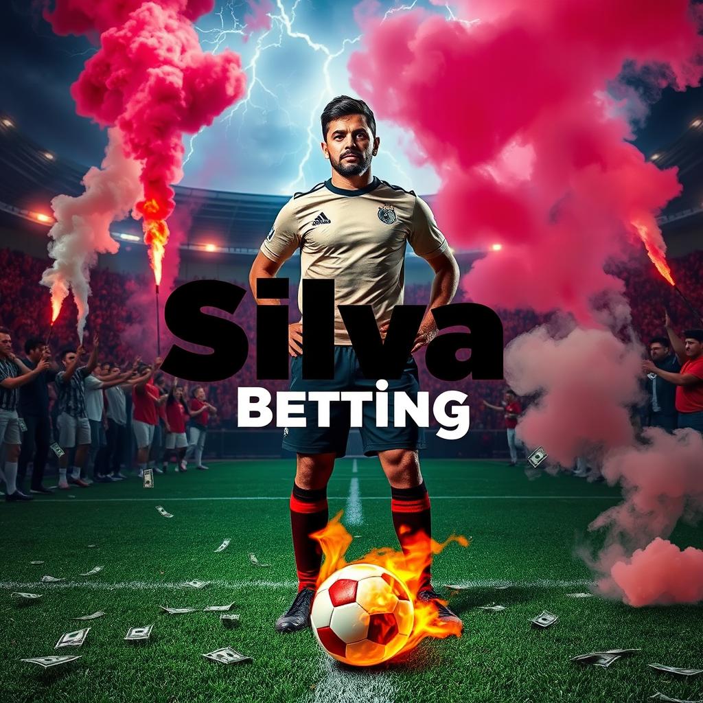 Silva stands confidently in the center of a football field, surrounded by passionate fans igniting flares and smoke that fill the air with vibrant colors