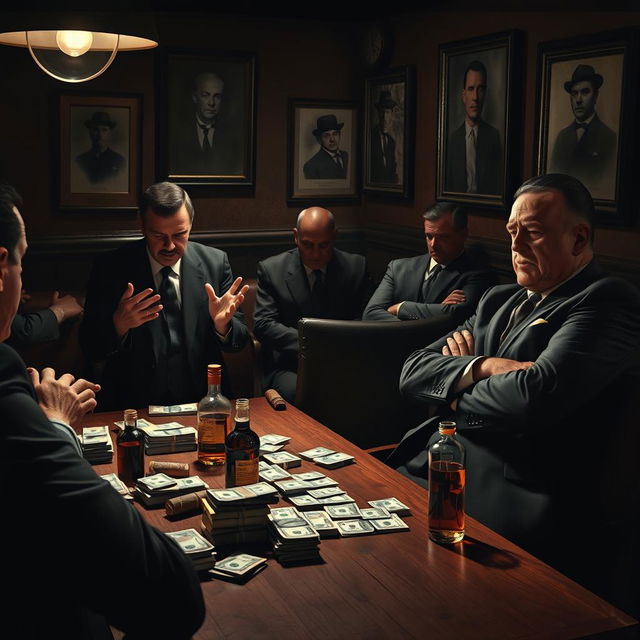 A dramatic scene depicting a classic mafia meeting in a dimly lit backroom of an Italian restaurant