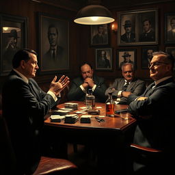A dramatic scene depicting a classic mafia meeting in a dimly lit backroom of an Italian restaurant