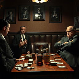 A dramatic scene depicting a classic mafia meeting in a dimly lit backroom of an Italian restaurant