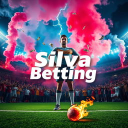 Silva stands confidently at the center of a football field, amidst a vibrant crowd igniting flares that fill the air with colorful smoke