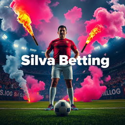 Silva stands confidently at the center of a football field, amidst a vibrant crowd igniting flares that fill the air with colorful smoke