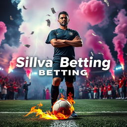 Silva stands confidently at the center of a football field, amidst a vibrant crowd igniting flares that fill the air with colorful smoke