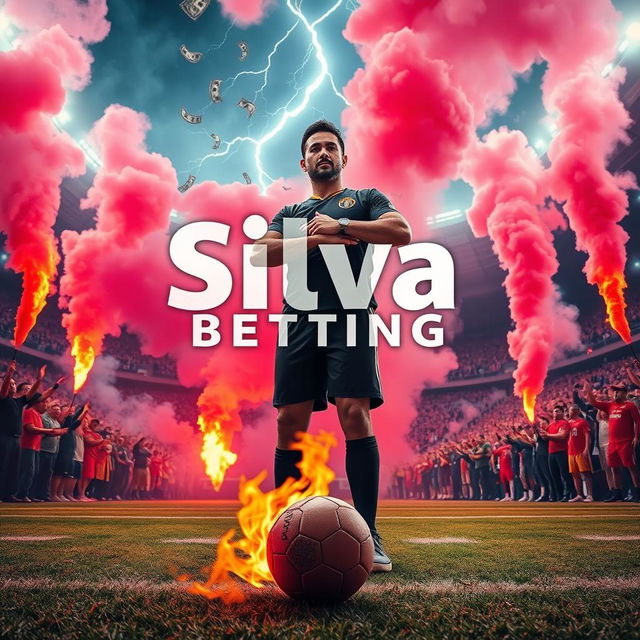 Silva stands confidently at the center of a football field, amidst a vibrant crowd igniting flares that fill the air with colorful smoke