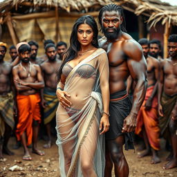 A hot, sultry couple posing for a full-length photoshoot in a vibrant tribal village setting